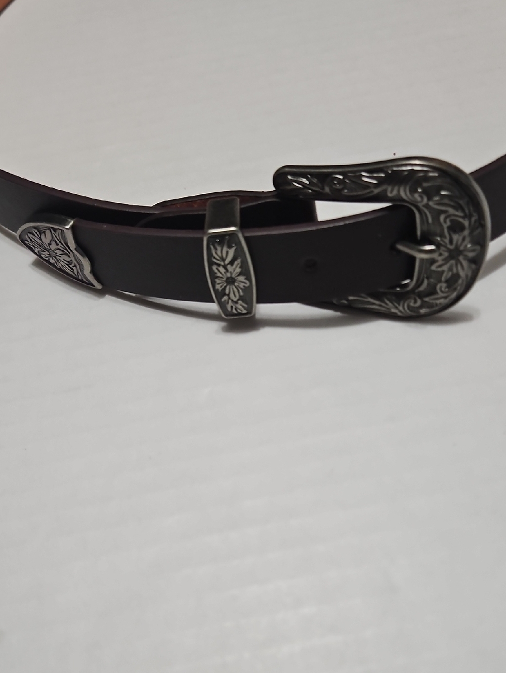 Women's Dark Brown Leather Belt with Engraved Silver Buckle Size 34 M